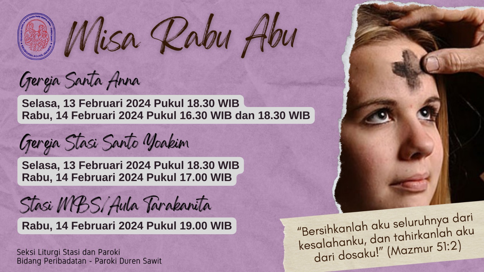 Jadwal Misa Rabu Abu 2024